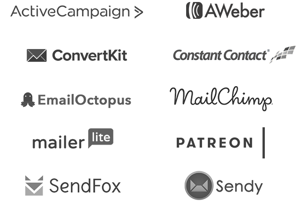 BookFunnel integrates with ActiveCampaign, AWeber, ConstantContact, ConvertKit, EmailOctopus, MailChimp, Mailerlite, Patreon, Sendfox, and Sendy