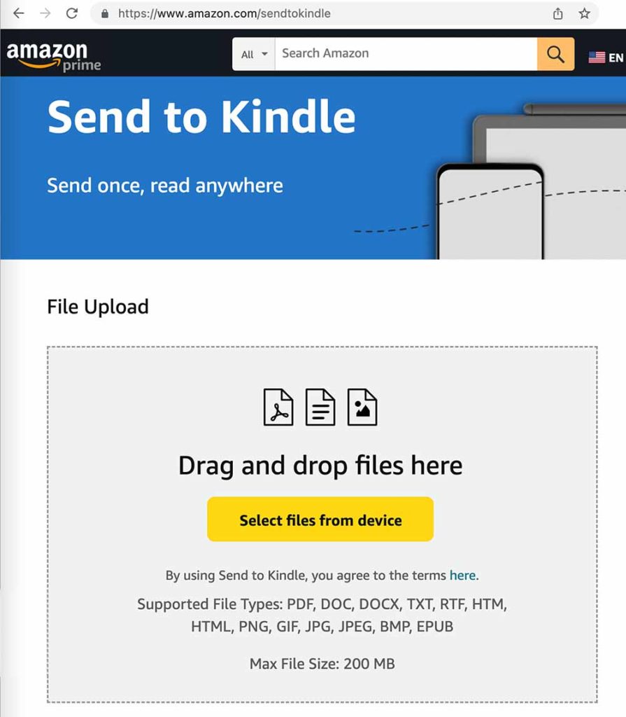 Image of Amazon dashboard Send to Kindle upload form