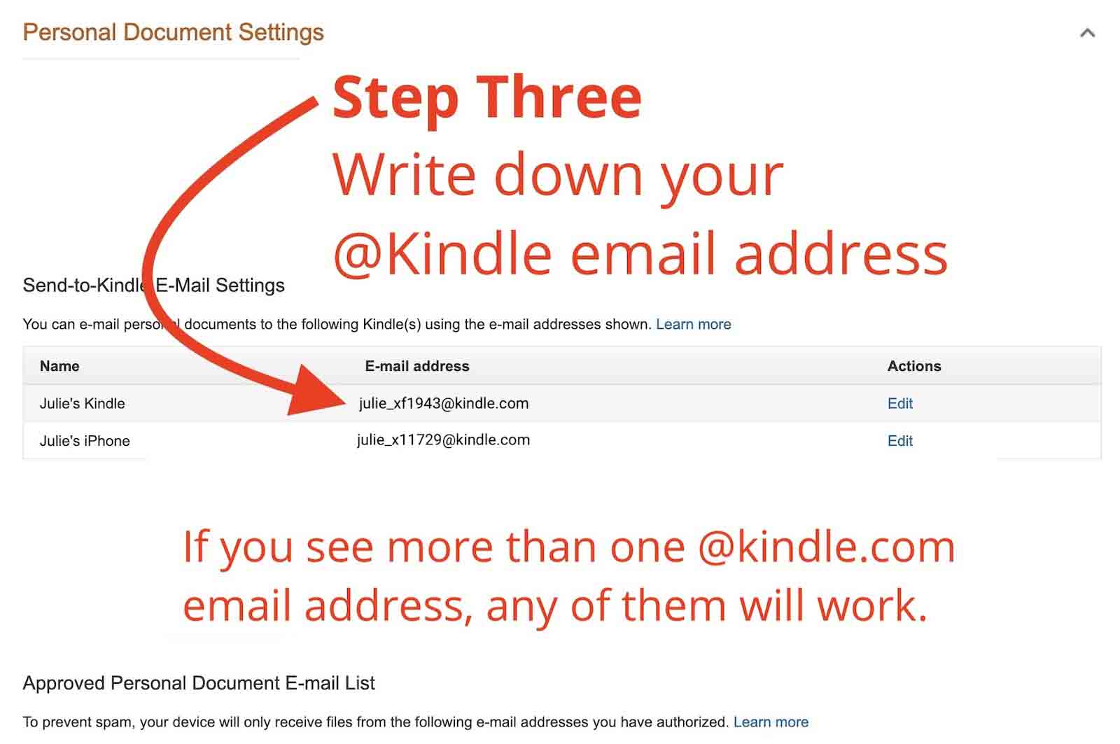 Screenshot Amazon Personal Document Settings with arrow indicating @kindle.com address